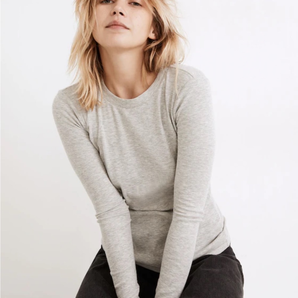 Madewell Light Gray Fine Ribbed Long Sleeve Crewneck Top